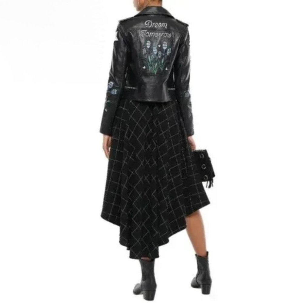 NWT Maje black leather patch embroidered “Dream Tomorrow” moto biker jacket, S